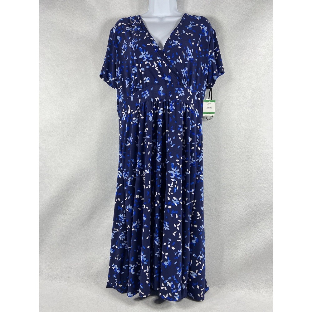 Kasper Dress Womens Large‎ Blue  A-Line V-Neck  Floral Empire Waist NWT